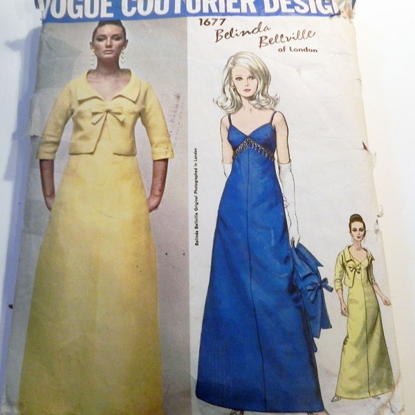 1960er Jahre Couturier Abendkleid Bolero ärmellose Maxi Kleid Belinda Bellville Vintage Nähmuster Vogue 1677 Größe 16 Büste 36"