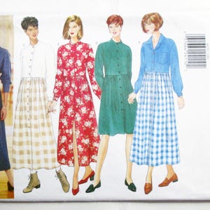 May include: A vintage sewing pattern featuring illustrations of five different button-down dresses. The dresses are in various colors and patterns, including denim, floral, and plaid. The pattern is labeled "Butterick Classics" and includes size information.