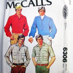 May include: A McCall's sewing pattern envelope 6306 featuring illustrations of four shirts. The designs include a long-sleeved red shirt, a blue shirt with a white collar, a long-sleeved plaid shirt, and a short-sleeved plaid shirt with chest pockets.