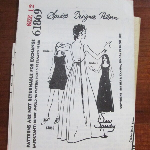 1960s Evening Gown Backless Sleeveless vintage Sewing pattern Spadea Designer Pattern 61869 Size 12 Bust 34" UNCUT FF