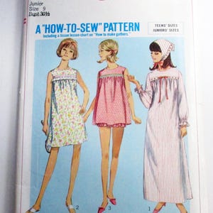 May include: A Simplicity 6757 sewing pattern envelope for junior size 9, bust 30.5 inches. The cover features illustrations of three garments: a floral sleeveless dress, a pink polka-dot tunic with shorts, and a long-sleeved striped nightgown with a headscarf.