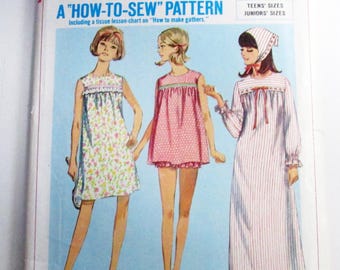 1960s Nightgown Pajamas Sleepwear nighty junior vintage sewing pattern Simplicity 6757 Size 9 or 11