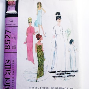 1960s Wedding Dress Bridesmaid Evening Gown Empire wiast Jacket train vintage sewing pattern McCalls 8527 Size 16 Bust 36&quot;
