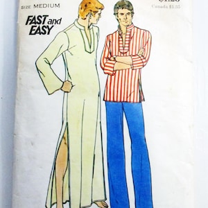 May include: Vintage Butterick sewing pattern envelope featuring illustrations of two men's outfits. One man is wearing a long, cream-colored tunic with a slit, and the other is in a red and white striped shirt and blue pants. The envelope reads "FAST and EASY."