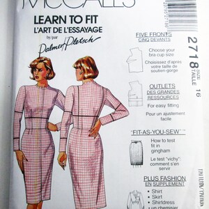 May include: A McCall's Learn to Fit sewing pattern envelope, number 2718, size 16. The front features illustrations of a person wearing a long-sleeved, pink and white gingham dress with a high neckline. Text includes Palmer/Pletsch and Fit-As-You-Sew.
