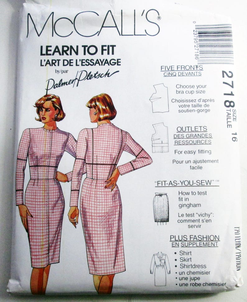 May include: A McCall's Learn to Fit sewing pattern envelope, number 2718, size 16. The front features illustrations of a person wearing a long-sleeved, pink and white gingham dress with a high neckline. Text includes Palmer/Pletsch and Fit-As-You-Sew.