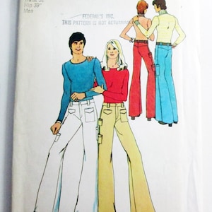May include: Vintage Simplicity sewing pattern, size 32 waist and 39 hip. The illustration shows a group of people wearing flared pants and long-sleeved shirts. The pattern is for men's clothing. The text on the pattern reads "Simplicity" and "Federal's Inc."