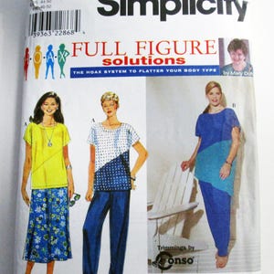 May include: A Simplicity sewing pattern envelope, number 8648, size FF 18W-24W. The white paper packaging features illustrations of three different outfits, including a yellow top with a blue floral skirt, a polka dot top with blue pants, and a blue tunic.