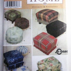 May include: Simplicity Home pattern for ottomans and footstools. The pattern features various designs, including floral, plaid, and solid-colored options. The cover displays several finished ottoman examples, showcasing different shapes and styles.