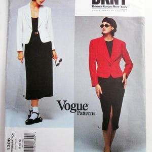May include: A DKNY Donna Karan New York Vogue Patterns sewing pattern envelope, number 1306, size 8-12. The front displays two outfit variations: a white blazer with a black dress, and a red blazer with a black skirt featuring a front slit.