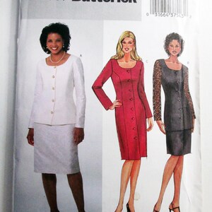 May include: A Butterick sewing pattern envelope featuring illustrations of women's suits and dresses. The designs include a white suit, a red dress with buttons, and a dark gray dress with lace sleeves. The envelope has the text "B4067 Butterick".