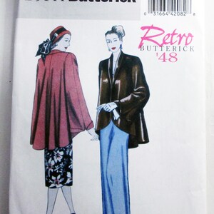 May include: A Butterick B5144 sewing pattern envelope featuring illustrations of two outfits. One shows a red cape over a black and white floral skirt. The other shows a dark brown jacket over a long light blue skirt. Text includes Retro Butterick '48.