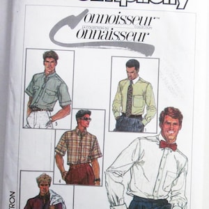 May include: A Simplicity 7015 sewing pattern envelope for shirts from the Connoisseur Collection. The front features illustrations of five different shirt styles, including short and long-sleeved options with various collars, pockets, and neckties.