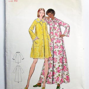 May include: Vintage Butterick sewing pattern 5743, size 16. The pattern features illustrations of two long coats, one yellow with a white collar and the other with a pink floral pattern. The pattern includes diagrams and the text "PATTERN/PATRON".