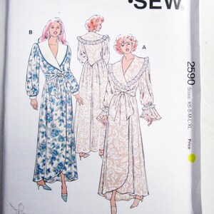 May include: Kwik Sew pattern 2590 featuring illustrations of three long dresses with wrap fronts and tie closures. The pattern includes sizes XS-XL. The cover has the Kwik Sew logo and the designer's name.