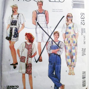 May include: McCall's sewing pattern envelope featuring illustrations of various overalls styles. The envelope includes the text "LEARN TO SEW FOR FUN" and size information. The overalls are shown in different colors and patterns.