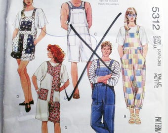 1990s Bib Overalls loose fitting unisex sewing pattern McCalls 5312 Size Small or Medium or Large UNCUT FF