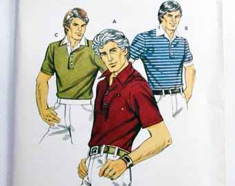 1980s Mens Polo Golf shirt knit collar short sleeves vintage sewing pattern Kwik Sew 1140 Chest Size 34 36 38 40 42 44 46 48 UNCUT FF