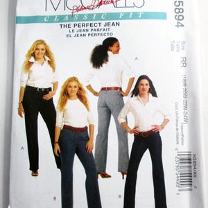 May include: McCall's sewing pattern for "The Perfect Jean." The pattern features illustrations of women wearing different styles of jeans. The pattern includes sizing information and the pattern number M5894.