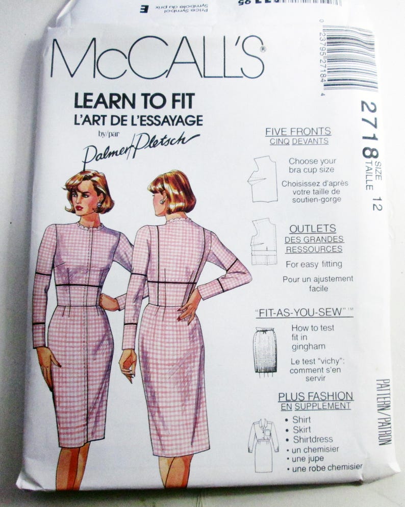 May include: A McCall's Learn to Fit sewing pattern envelope, number 2718, size 12. The front features illustrations of a person wearing a long-sleeved, pink and white gingham dress with a high neckline, along with instructional text and diagrams.