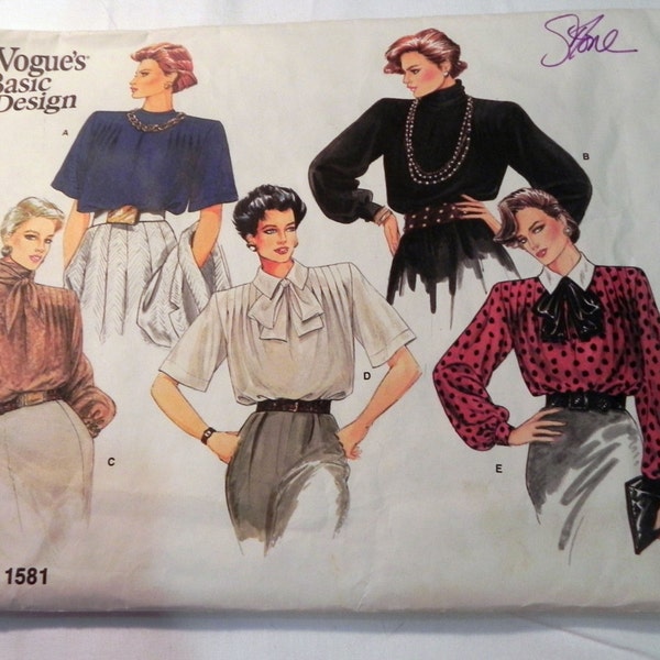 1980s Loose fitting Blouse Shoulder tucks Short long sleeves Collar sewing pattern Vogue 1581 Size 10 Bust 32.5" UNCUT FF