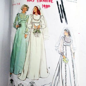 May include: A Butterick 4887 sewing pattern envelope for a size 14 dress. The front features illustrations of three long gowns, including two white bridal dresses with veils and one light green dress. The text includes Butterick, 4887, and 1980.
