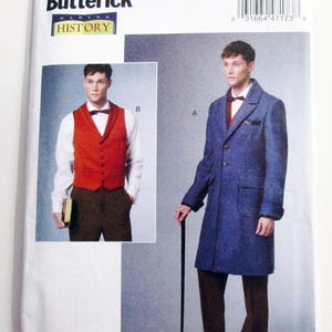 May include: A Butterick sewing pattern envelope featuring a man in historical attire. The main image shows a man in a long blue coat and brown trousers, holding a cane. A smaller image shows a red vest and white shirt. The text "HISTORY" is visible.