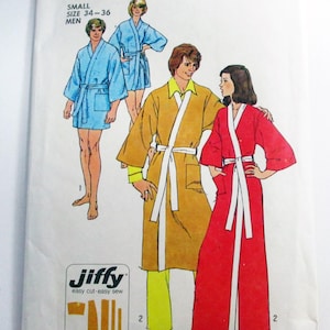 May include: Simplicity pattern envelope featuring illustrations of bathrobes in blue, gold, and red. The envelope includes the text "5685 Simplicity" and "Jiffy easy cut-easy sew". The size is small, size 34-36.