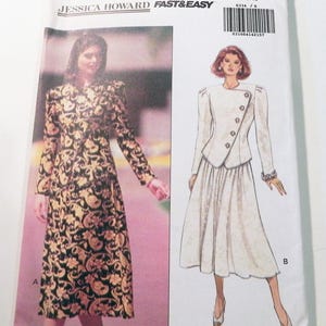 May include: Butterick sewing pattern 6334 for a Jessica Howard dress in sizes 6-8-10. The envelope features a black and gold floral print dress labeled A and a solid white jacket and skirt ensemble labeled B with button details.