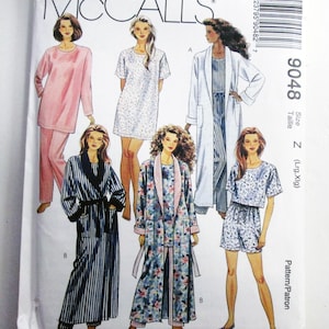 May include: McCall's sewing pattern 9048 for sleepwear, featuring illustrations of various loungewear sets including long-sleeved tops, pants, robes, shorts, and nightgowns in solid, striped, and floral patterns for size Z, Large and Extra Large.