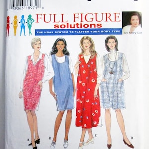May include: Simplicity sewing pattern for full figure jumpers. The pattern features four jumper styles with different designs and lengths. The cover includes the text "2 Hour Jumper" and instructions in English, French, and Spanish.
