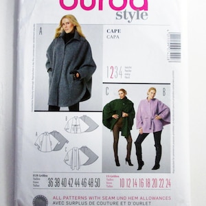 May include: A Burda Style sewing pattern packet for a cape. The packet features images of capes in gray, green, and lavender. The text on the packet includes "CAPE CAPA" and size charts in US and EUR sizes.