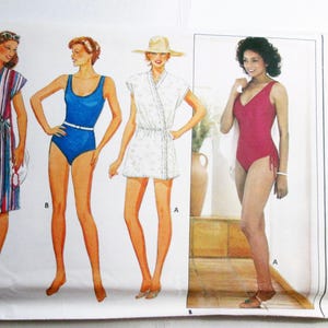 May include: A vintage sewing pattern featuring illustrations of women's swimwear and cover-ups. The designs include a striped wrap dress, a blue swimsuit with a white belt, a white floral cover-up, and a red swimsuit. The pattern is labeled "Butterick 6462".