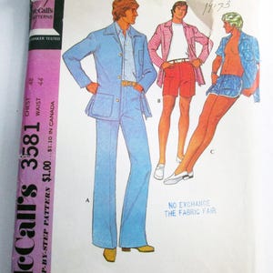 May include: Vintage McCall's pattern 3581 featuring illustrations of men's clothing. The pattern includes designs for a patio jacket, pants, walking shorts, and swim trunks. The cover art showcases three men in various outfits, with a color palette of blue, red, and white.