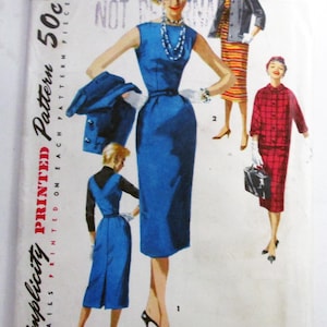 May include: A Simplicity sewing pattern envelope 1233 for size 11, bust 29. The cover features illustrations of three outfits: a blue sleeveless dress with a matching jacket, a striped dress with a jacket, and a red plaid dress with a matching coat.