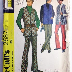 1970s Mens Long Vest Flared Bell bottoms Pants vintage sewing pattern McCalls 2687 Chest Size 40"