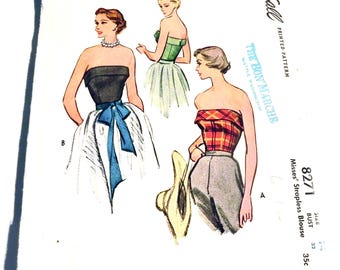 1950s Strapless Bodice Top Evening Gown Fitted Beach vintage sewing pattern McCall 8271 Size 14 Bust 32"