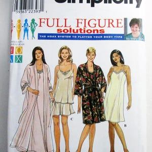 May include: A Simplicity sewing pattern envelope, number 8486, for full figure sizes 18W-24W. The cover features illustrations of four variations of nightgowns and robes, including a long pink robe, a cream camisole set, and a floral print robe.