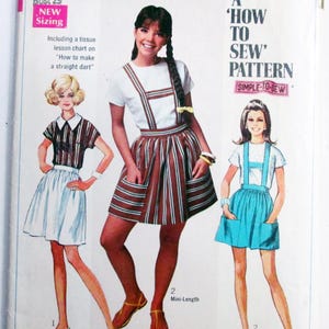 May include: Vintage Simplicity sewing pattern, size 7/8, featuring three illustrated figures wearing mini-length skirts and tops. The pattern includes instructions for making a straight dart. The cover has the text "How to Sew Pattern".