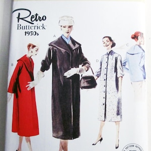 May include: A Butterick B6957 sewing pattern envelope for 1950s style coats. The cover features illustrations of four figures wearing different coat designs labeled A, B, C, and D, including a long black coat, a red coat, and a speckled coat.