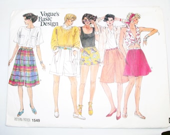 1980s Culottes Pleated shorts skorts cuffs sewing pattern Vogue 1549 Size 16 Waist 30" UNCUT FF