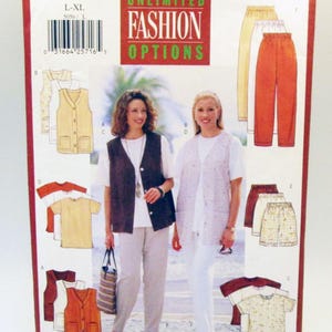 May include: A Butterick sewing pattern package, featuring the text "UNLIMITED FASHION OPTIONS". The package shows illustrations of various clothing items, including vests, pants, and shirts. The size is L-XL.