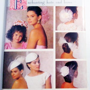 May include: Butterick 3573 sewing pattern envelope for hats and bows. The front features photographs of various headpieces, including white veils, floral accents, and ribbon bows worn by models. The text reads Enchanting hats and bows.