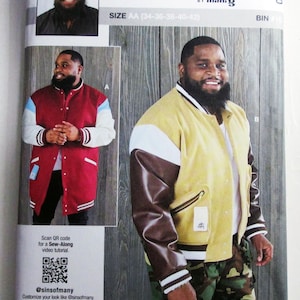 May include: A sewing pattern envelope for a varsity jacket by Know Me by Mimi G, model ME2010, size AA. The packaging displays two jacket variations: one in maroon with white sleeves and one in tan with brown sleeves, both featuring striped ribbed trim.