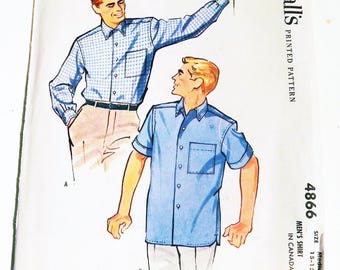 1950s Mens Dress Shirt casual short long sleeves vintage sewing pattern McCalls 4866 Neck 15 15.5 Chest 38 40"