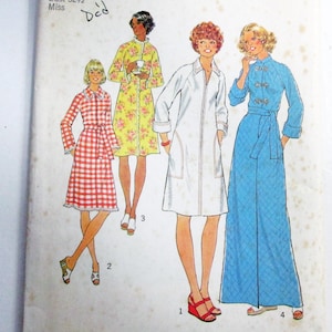 May include: A Simplicity 7238 sewing pattern envelope for size 10, bust 32.5 inches. The cover features illustrations of four different dress styles: a red and white gingham dress, a yellow floral dress, a white zip-front dress, and a blue quilted robe.