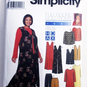 May include: A Simplicity sewing pattern envelope 9837 for full figure solutions, featuring a black vest with a multi-colored geometric pattern, a red long-sleeve top, and black pants. The package displays various garment options including dresses, tops, and trousers.