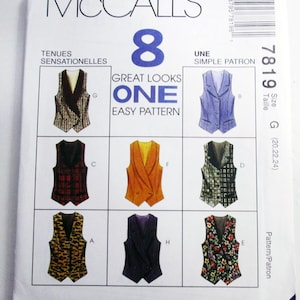 May include: A McCall's 7819 sewing pattern envelope for vests in size G (20, 22, 24). The white cover features the text 8 GREAT LOOKS ONE EASY PATTERN and displays illustrations of eight different vest styles in various colors and patterns.