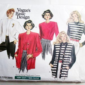May include: A vintage Vogue's Basic Design sewing pattern featuring illustrations of women's clothing. The pattern includes a red blazer, striped jacket, and other tops. The text "VERY EASY" is visible.