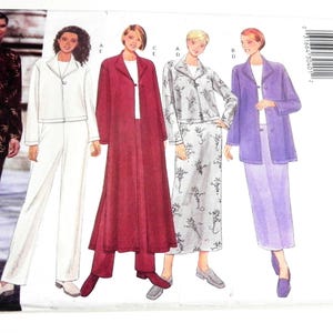 May include: A Butterick sewing pattern featuring four women's fashion designs. The designs include a long coat, a suit, a skirt suit, and a jacket with pants. The pattern cover has the number 6268 and the words "Butterick classics".
